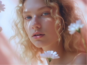 Jauna moteris su šviesiais, garbanotais plaukais ir sveika, švytinčia oda. Švelnios šviesos apsupta, ji žvelgia tiesiai į kamerą, o fone matyti subtilūs gėlių žiedai. Šis vaizdas simbolizuoja natūralų grožį, odos sveikatą ir tinkamą jos priežiūrą