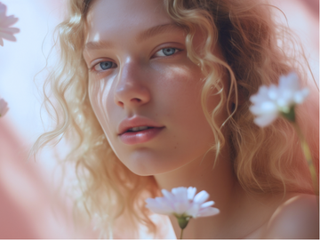 Jauna moteris su šviesiais, garbanotais plaukais ir sveika, švytinčia oda. Švelnios šviesos apsupta, ji žvelgia tiesiai į kamerą, o fone matyti subtilūs gėlių žiedai. Šis vaizdas simbolizuoja natūralų grožį, odos sveikatą ir tinkamą jos priežiūrą