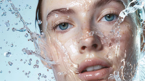 Stambiu planu moters veidas su vandens purslais – odos drėkinimo efektas po AHA rūgščių ir KSurgery Hydrawave procedūros.