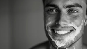 Juodai baltas vyrų odos priežiūros atvaizdas: vyras su švaria, putota oda, besišypsantis po prausimosi ritualo. Fondonatura vyrų linijos veido priežiūros produktai sveikai ir gaiviai odai.