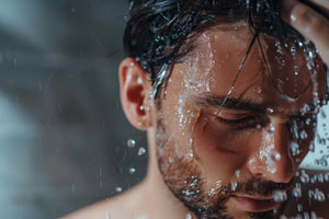 Vyras po dušu su šlapiais plauvaikais, ranka perbraukia per galvą, o veidą dengia tekančio vandens lašeliai. Jo išraiška atspindi atsipalaidavimą ir švaros pojūtį. Šis zdas pabrėžia kasdienės plaukų priežiūros svarbą vyrams
