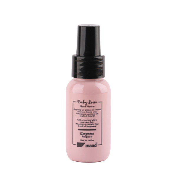 Maad Baby Lover Shine Nectar blizgesio suteikiantis plaukų nektaras, 50ml – Frangipani kvapas, rožinė pakuotė
