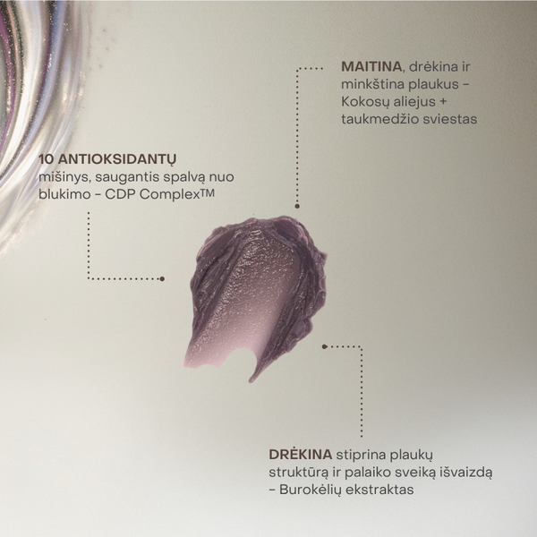 Aloxxi InstaBoost Cool Cocoa Beans spalvą atnaujinanti kaukė su antioksidantais, kokosų aliejumi ir burokėlių ekstraktu plaukų drėkinimui bei apsaugai.