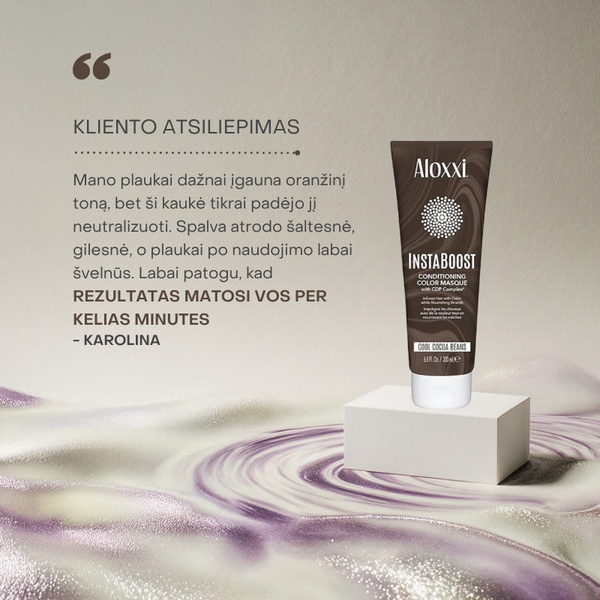 Klientės atsiliepimas apie Aloxxi InstaBoost Cool Cocoa Beans kaukę – neutralizuoja oranžinį toną, suteikia šaltesnį atspalvį ir minkština plaukus.