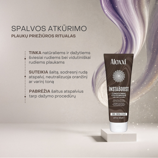 Aloxxi InstaBoost Cool Cocoa Beans kaukė natūraliems ir dažytiems plaukams – suteikia sodrų rudą atspalvį, neutralizuoja oranžinius tonus ir pabrėžia šaltus atspalvius.