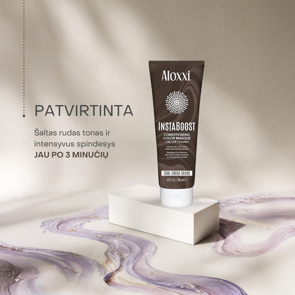 Aloxxi InstaBoost Cool Cocoa Beans kaukė suteikia šaltą rudą toną ir spindesį vos per 3 minutes.