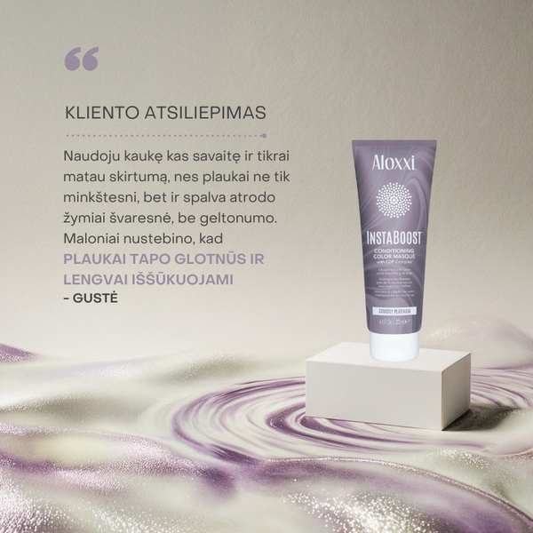 Klientų atsiliepimai apie Aloxxi InstaBoost Strictly Platinum kaukę – glotnūs, švarūs, be geltonumo ir lengvai iššukuojami plaukai.