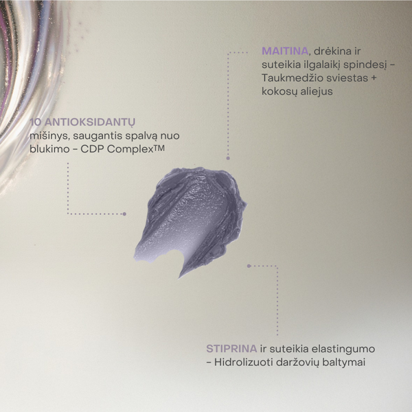 Aloxxi InstaBoost Strictly Platinum kaukės tekstūra su 10 antioksidantų, taukmedžio sviestu ir kokoso aliejumi – spalvos apsauga ir stiprinimas.