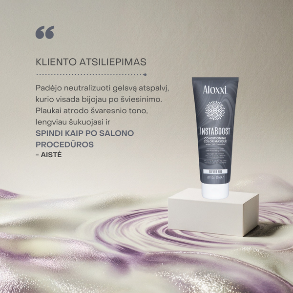 Klientų atsiliepimai apie Aloxxi InstaBoost Silver Fox kaukę – neutralizuoja geltonus atspalvius, suteikia švarų toną ir spindesį kaip po salono.