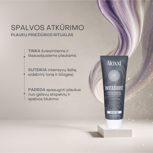 Aloxxi InstaBoost Silver Fox kaukė šviesiems plaukams – suteikia intensyvų sidabrinį toną, blizgesį ir apsaugą nuo geltonų atspalvių.