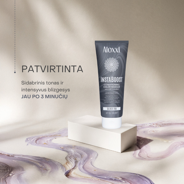 Aloxxi InstaBoost Silver Fox kaukė – intensyvus sidabrinis tonas ir ryškus plaukų blizgesys jau po 3 minučių.