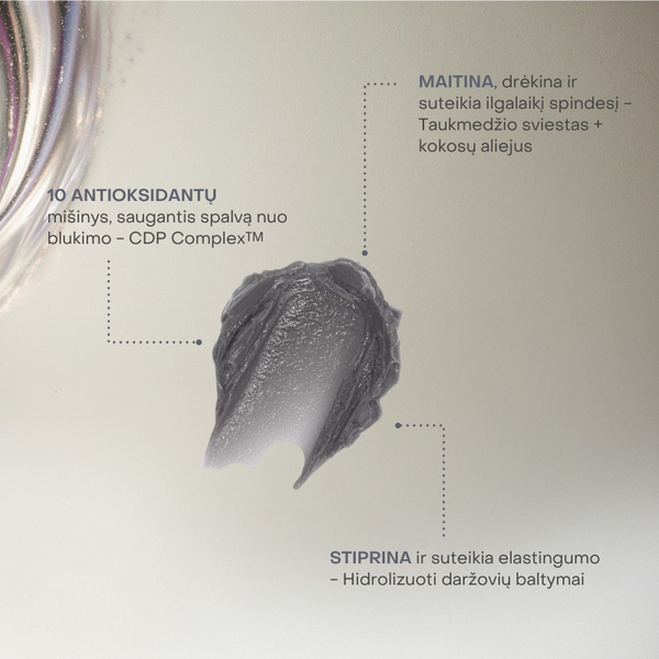 Aloxxi InstaBoost Silver Fox kaukės tekstūra su antioksidantais, taukmedžio sviestu, kokoso aliejumi ir daržovių baltymais – drėkina ir stiprina.