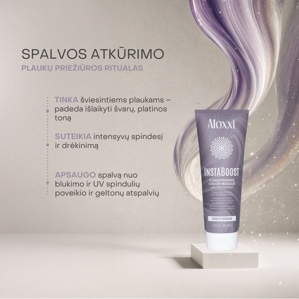 Aloxxi InstaBoost Strictly Platinum kaukė šviesiems plaukams – atkuria platinos atspalvį, drėkina, suteikia spindesio ir apsaugo nuo UV.