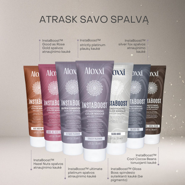 Aloxxi InstaBoost spalvą atnaujinančių kaukių linija – Strictly Platinum, Rose Gold, Silver Fox, Hazel Nuts, Cocoa Beans, Gloss Boss ir kitos spalvos.