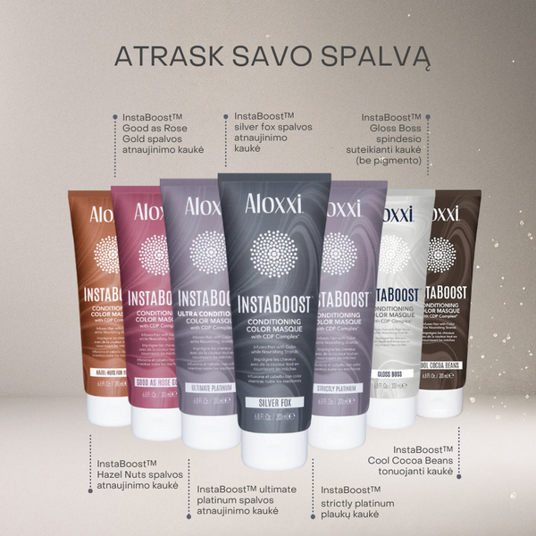 Aloxxi InstaBoost plaukų kaukių kolekcija – Strictly Platinum, Silver Fox, Ultimate Platinum, Rose Gold, Hazel Nuts, Cocoa Beans ir Gloss Boss.