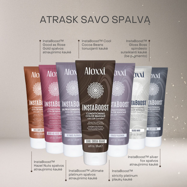 Aloxxi InstaBoost Conditioning Color Masque spalvų paletė – nuo rožinio iki platininių ir šaltų rudų tonų, tinkanti skirtingiems plaukų atspalviams.