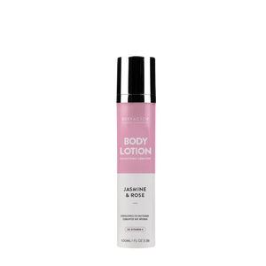 Bee Factor Jasmine & Rose kūno losjonas 100ml pakuotėje su jazminu ir rože.