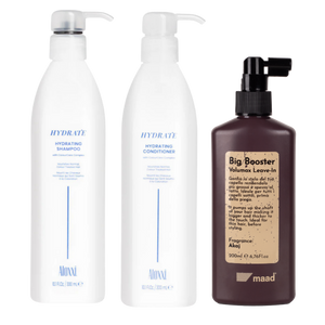 Aloxxi drėkinančio šampūno ir kondicionieriaus bei MAAD Big Booster apimties purškiklio rinkinys plaukams
