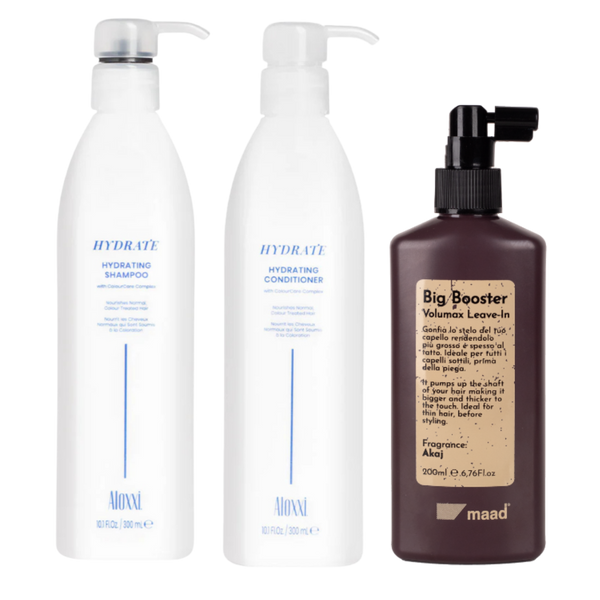 Aloxxi drėkinančio šampūno ir kondicionieriaus bei MAAD Big Booster apimties purškiklio rinkinys plaukams
