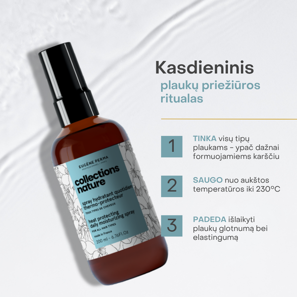 Eugène Perma Collections Nature kasdienio drėkinančio purškiklio nuo karščio vizualas. Pabrėžiama: tinka visų tipų plaukams, apsaugo iki 230 °C, padeda išlaikyti glotnumą ir elastingumą.