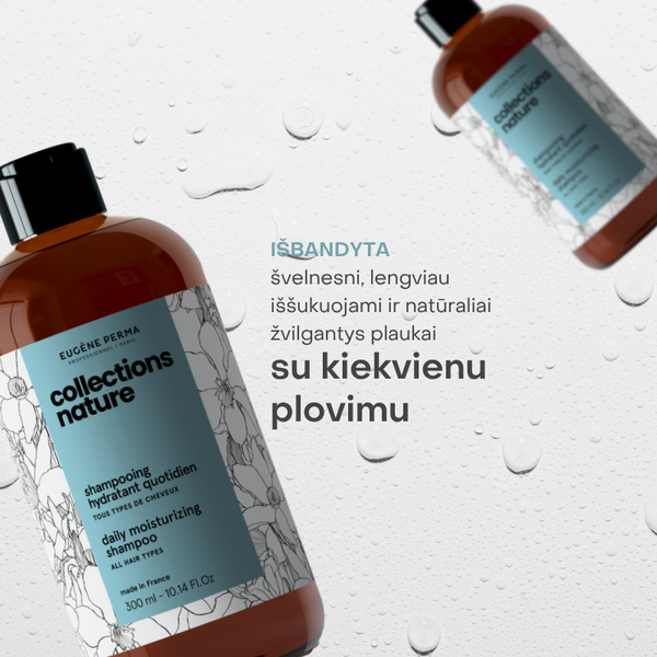 Collections Nature kasdienio šampūno efektas: su kiekvienu plovimu plaukai tampa švelnesni, lengviau iššukuojami ir natūraliai žvilgantys. Fone – du produkto buteliukai ir vandens lašeliai.