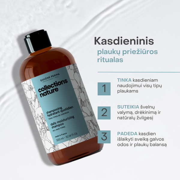 Eugène Perma Collections Nature kasdienio drėkinimo šampūno vizualas su trimis savybėmis: tinka visų tipų plaukams, švelniai valo ir drėkina, padeda išlaikyti galvos odos balansą.