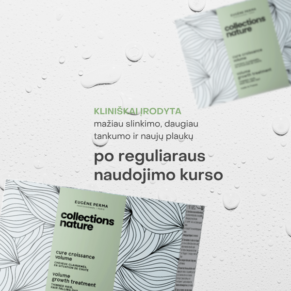 Eugène Perma Collections Nature ampulių efektas su tekstu: kliniškai įrodyta – mažiau slinkimo, daugiau tankumo ir naujų plaukų po reguliaraus naudojimo kurso. Fone – dėžutės vizualai ir vandens lašeliai.