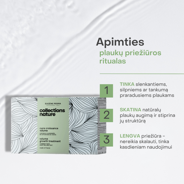 Eugène Perma Collections Nature apimties stiprinimo ampulių dėžutė su trijų savybių išskyrimu: tinka slenkantiems ir silpniems plaukams, skatina augimą, nereikia skalauti – lengva naudoti kasdien.