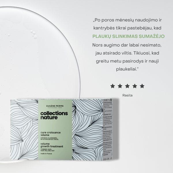 Collections Nature ampulių naudotojos Rasitos atsiliepimas: po kelių mėnesių naudojimo sumažėjo plaukų slinkimas, atsirado vilčių dėl naujų plaukų. Žemiau – penkių žvaigždučių įvertinimas.