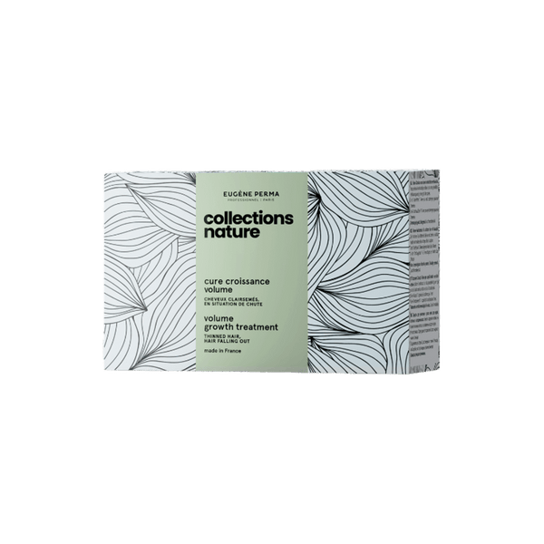„Eugène Perma Collections Nature Volume Growth Treatment“ ampulės plaukų augimui skatinti, veganams tinkantis serumas su Baicapil™ veikliąja medžiaga, stabdantis plaukų slinkimą, gerinantis tankumą ir mikrocirkuliaciją, 98 % natūralios sudėties, skirtas silpniems ir retėjantiems plaukams.