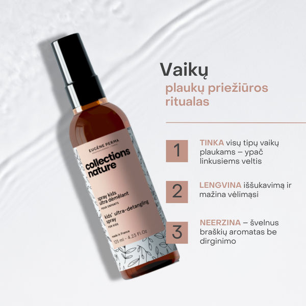Collections Nature Kids Ultra-Detangling purškiklis vaikams – tinka visų tipų plaukams, lengvina šukavimą, mažina vėlimąsi ir neerzina akių.