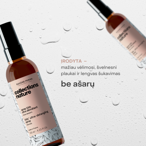 Collections Nature Kids Ultra-Detangling purškiklis vaikams su „be ašarų“ formule, mažinantis plaukų vėlimąsi ir lengvinantis šukavimą.