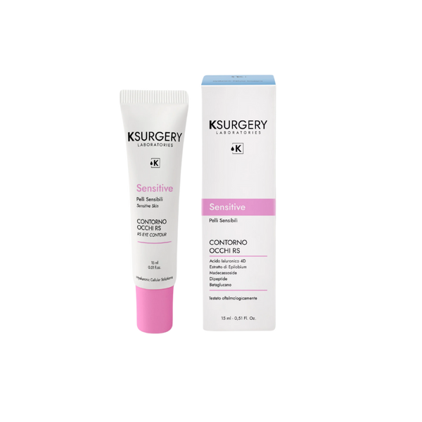 KSurgery Laboratories RS Eye Contour kremas jautriai odai – 15 ml tūbelė ir dėžutė. Akių kontūro priežiūros priemonė su hialurono rūgštimi, dipeptidais, madecassoside ir beta-gliukanu, skirta drėkinti, raminti ir stangrinti paakių zoną be sudirginimo.