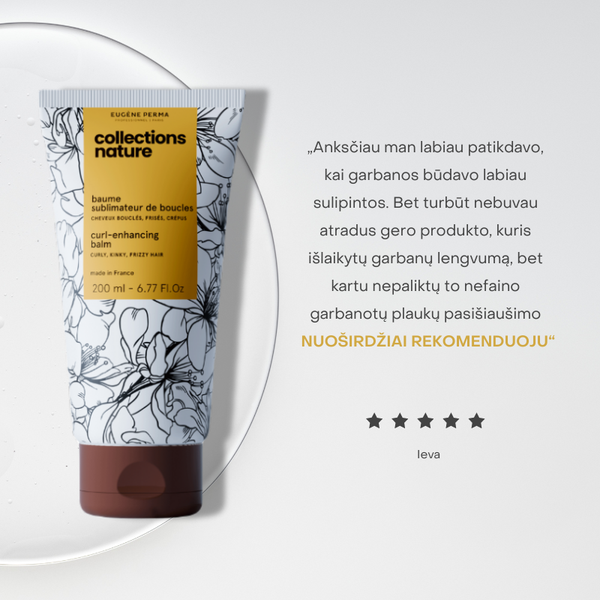 Collections Nature Curl balzamas garbanotiems plaukams – lengvoms, nesulipusioms garbanoms. 5 žvaigždučių įvertinimas, rekomenduojamas vartotojų dėl švelnumo ir natūralaus efekto.