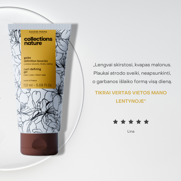 Collections Nature Curl formavimo gelis – 5 žvaigždučių įvertinimas už natūralų efektą, malonų kvapą ir ilgai išliekančias, neapsunkintas garbanas. Tikrai vertas vietos grožio lentynoje.