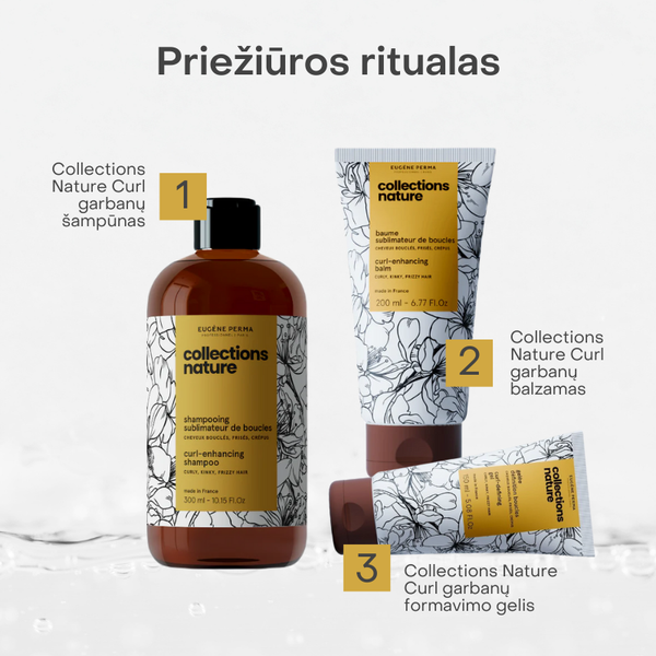 Collections Nature Curl priežiūros rinkinys – šampūnas, balzamas ir formavimo gelis garbanotiems plaukams. Natūralus ritualas drėkinimui, švelnumui ir garbanų formos išlaikymui be silikonų.