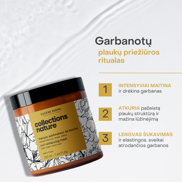 Collections Nature Curl atkuriamoji kaukė garbanotiems plaukams – intensyvus maitinimas, mažesnis lūžinėjimas ir lengvas šukavimas natūralioms garbanoms be silikonų.