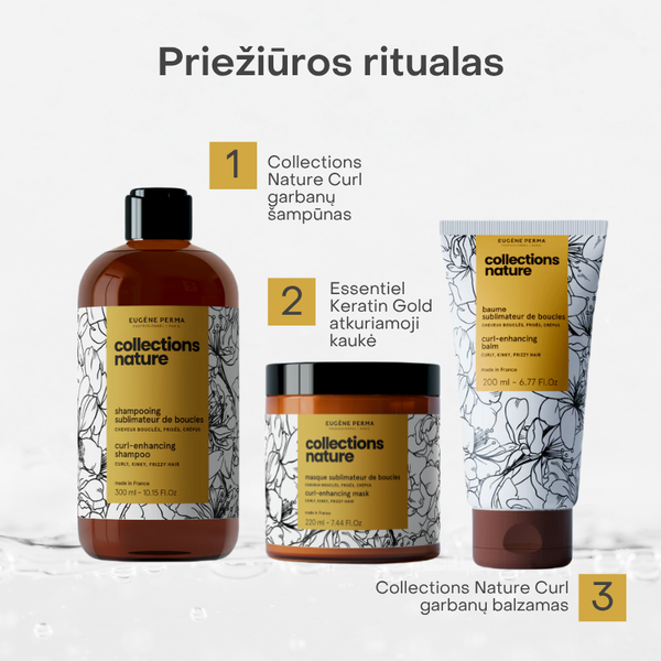 Garbanotų plaukų priežiūros rutina su Collections Nature Curl – šampūnas, balzamas ir atkuriamoji kaukė drėkinimui, elastingumui ir garbanų formos išlaikymui be silikonų.
