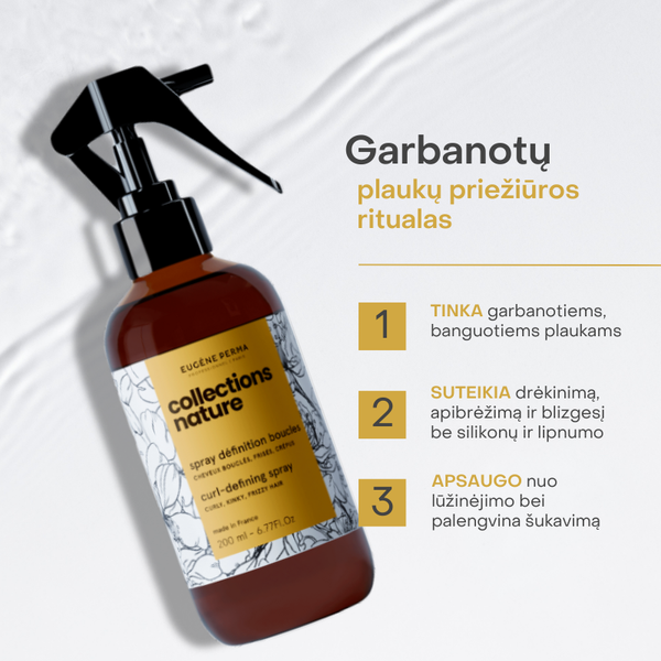 Collections Nature Curl formavimo purškiklis garbanotiems plaukams – drėkina, suteikia apibrėžimą ir blizgesį be silikonų, apsaugo nuo lūžinėjimo ir palengvina šukavimą.