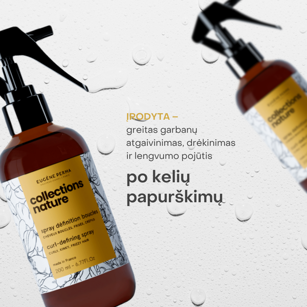 Collections Nature Curl purškiklis – greitas garbanų atgaivinimas, drėkinimas ir lengvumo pojūtis po vos kelių papurškimų. Natūrali formulė be silikonų kasdienei priežiūrai.