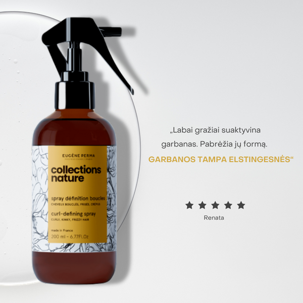 Collections Nature Curl purškiklis – 5 žvaigždučių įvertinimas už garbanų aktyvavimą, formos išlaikymą ir elastingumą. Rekomenduojama naudotojos Renatos dėl išraiškingesnių garbanų.
