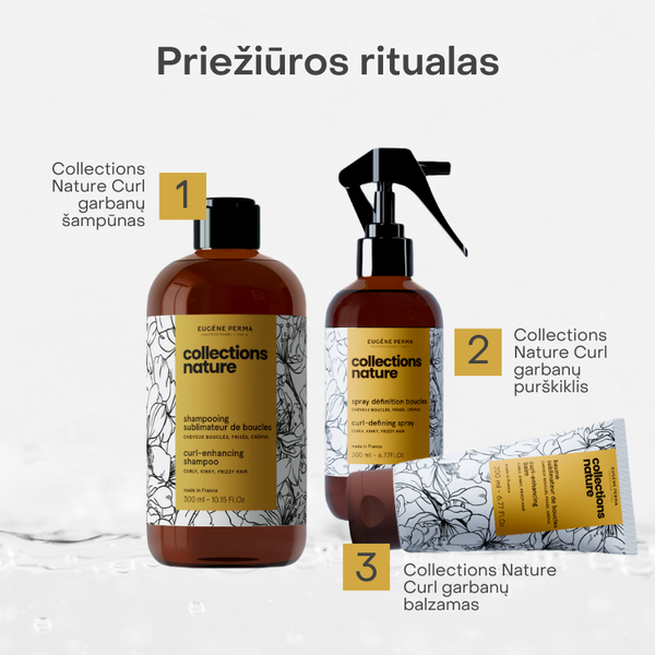 Collections Nature Curl garbanotų plaukų priežiūros ritualas – šampūnas, purškiklis ir balzamas švelniam valymui, formos išlaikymui ir drėkinimui be silikonų.