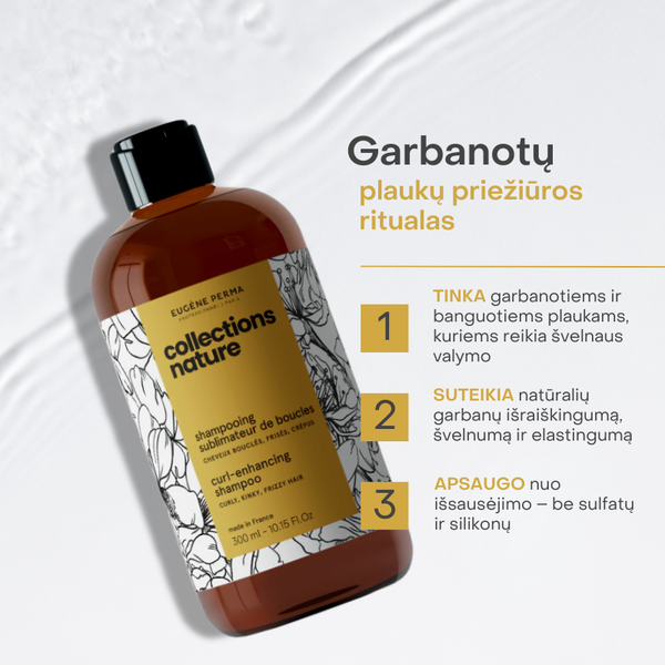Garbanotiems plaukams skirtas natūralus šampūnas be sulfatų ir silikonų – Collections Nature Curl švelni priežiūra, apimtis ir elastingos garbanos.