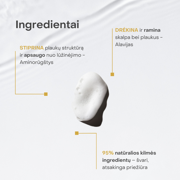 Natūralių ingredientų garbanotiems plaukams šampūnas – su aminorūgštimis stiprinimui, alaviju drėkinimui ir 95% natūralios kilmės sudėtimi atsakingai plaukų priežiūrai.