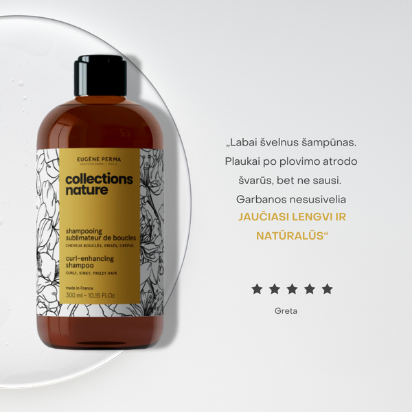 Collections Nature Curl šampūnas – 5 žvaigždučių įvertintas natūralus šampūnas garbanotiems plaukams, užtikrinantis švarą be sausumo. Garbanos išlieka lengvos, nesusivėlusios ir natūraliai atrodantys.