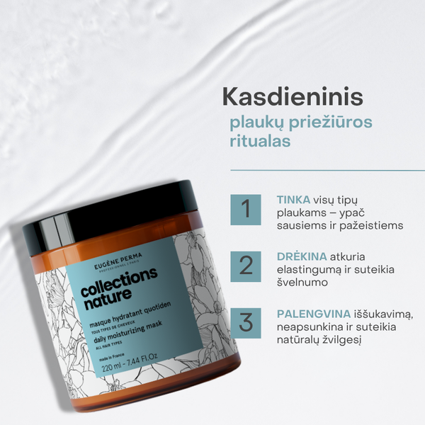 Collections Nature Daily drėkinanti kaukė – tinka visų tipų plaukams, intensyviai drėkina ir palengvina iššukavimą be apsunkinimo.
