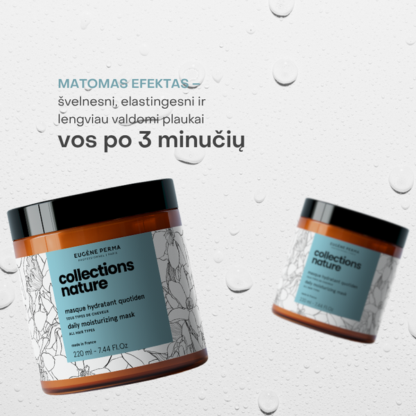 Drėkinanti Collections Nature Daily kaukė užtikrina švelnesnius, elastingesnius ir lengviau valdomus plaukus vos per 3 minutes.
