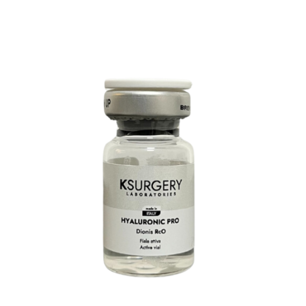Ksurgery Hyaluronic Pro Dionis RcO – sterilus skaidrus buteliukas su sidabriniu dangteliu, skirtas akių ir lūpų kontūrų stangrinimui, atjauninimui ir raukšlių mažinimui.