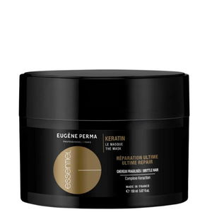 Eugène Perma Essentiel Keratin Mask – juodas indelis su auksine etikete. Profesionali keratino kaukė silpniems, pažeistiems plaukams, 150 ml.