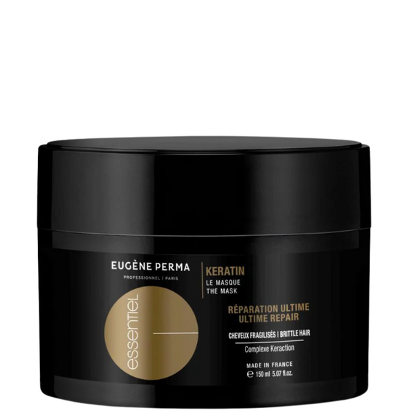 Eugène Perma Essentiel Keratin Mask – juodas indelis su auksine etikete. Profesionali keratino kaukė silpniems, pažeistiems plaukams, 150 ml.